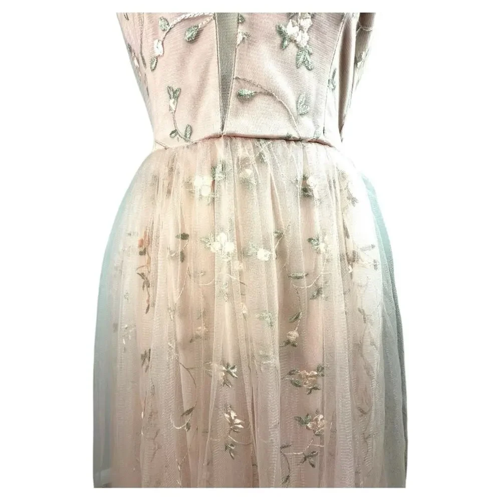 Maniju Embroidered Floral Gown Blush Pink sheer overlay